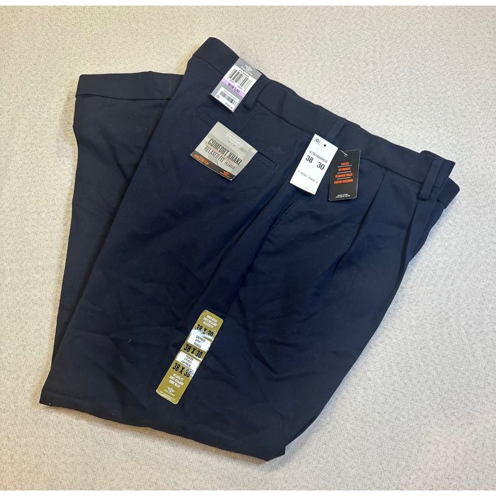 Dockers Comfort Khaki Relaxed Fit Pleated Navy Blue Stretch Pants 38x30 NWT
